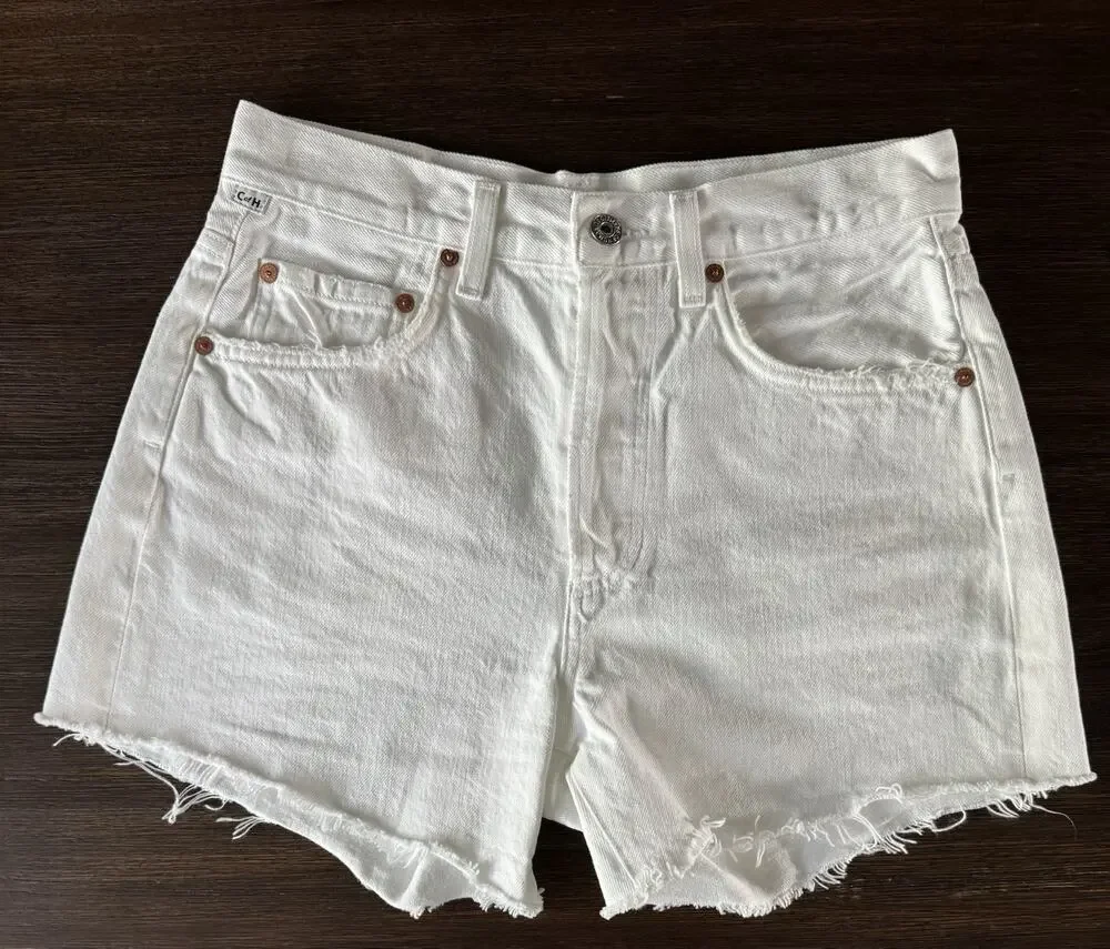 Citizens of Humanity Annabelle Long Shorts 25 Optic White Raw Hem EXCELLENT